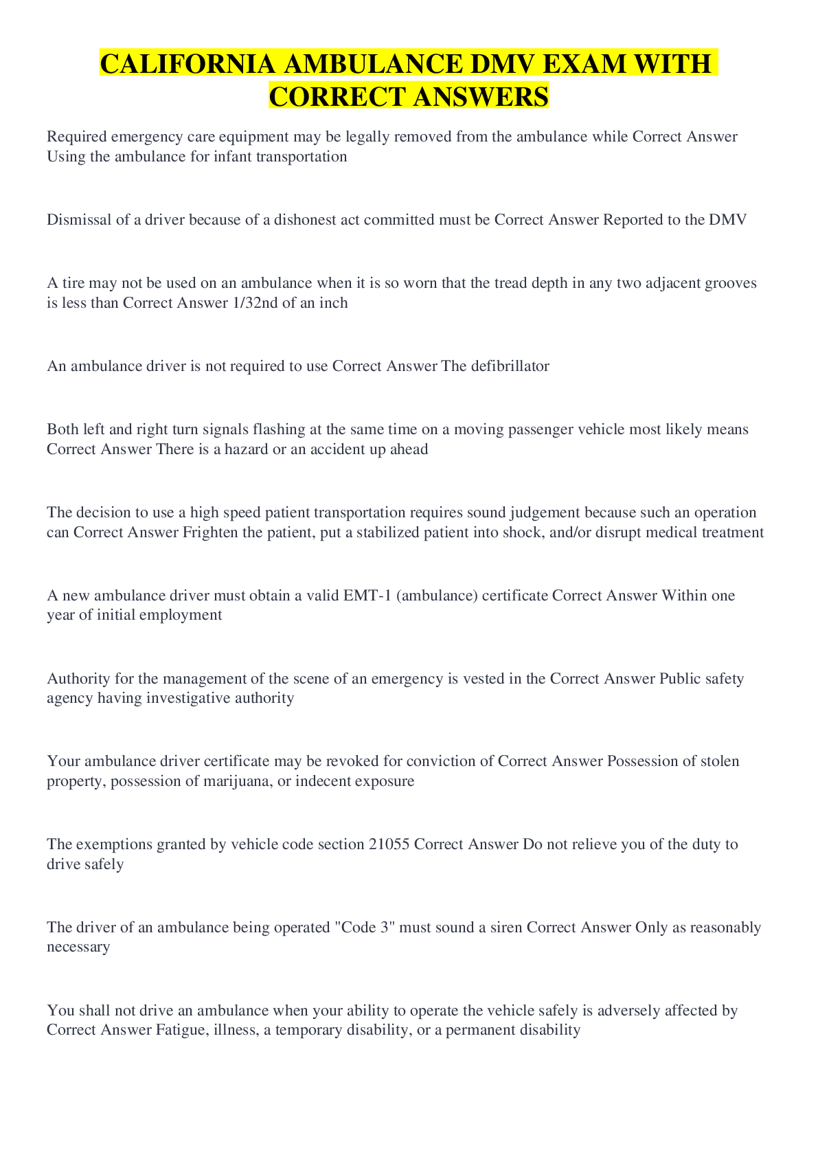 CALIFORNIA AMBULANCE DMV EXAM WITH CORRECT ANSWERS - Browsegrades